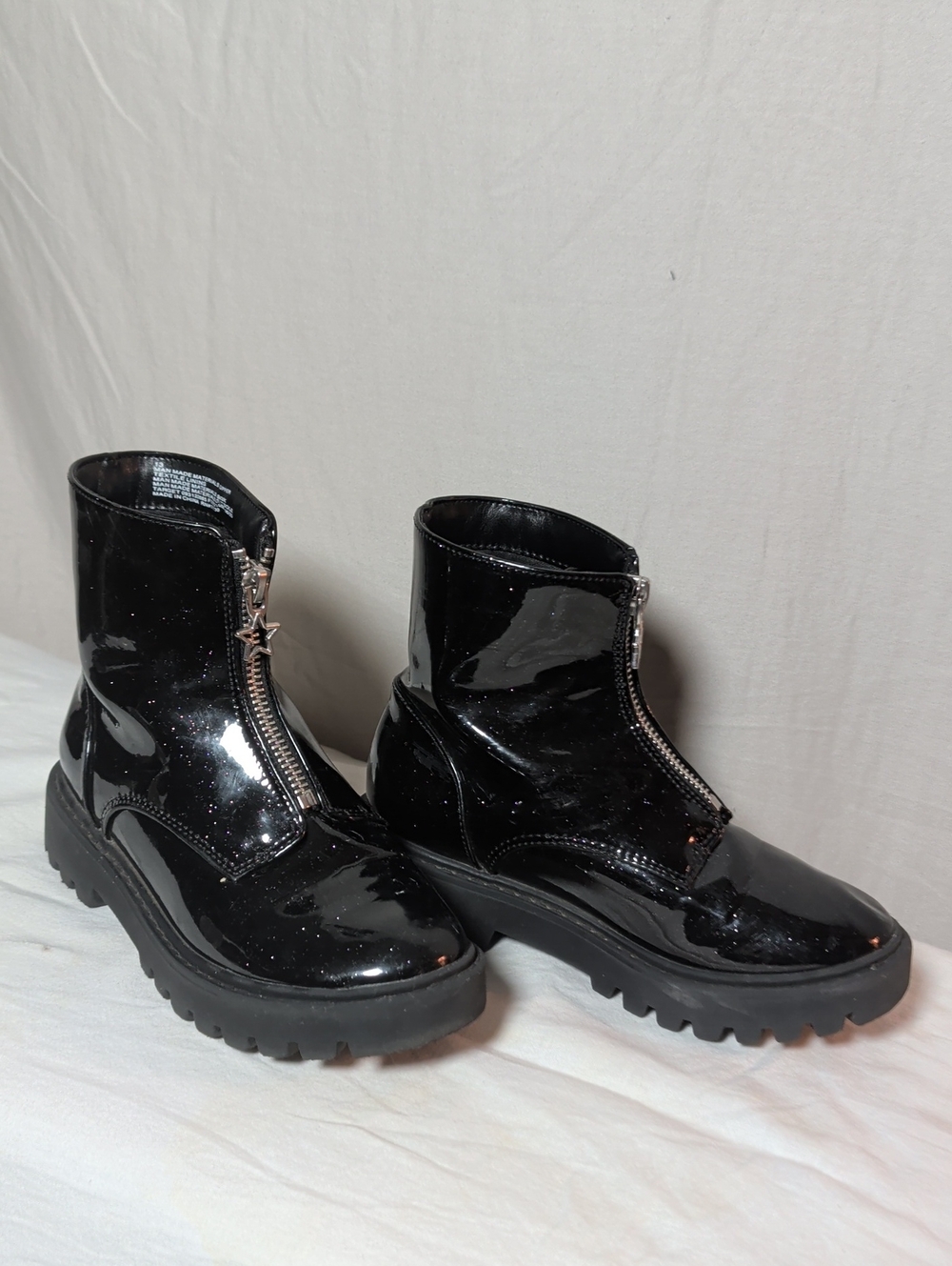 Target Black Patent Front-Zip Chunky Lug Ankle Boots Glitter Sparkle Edgy Grunge